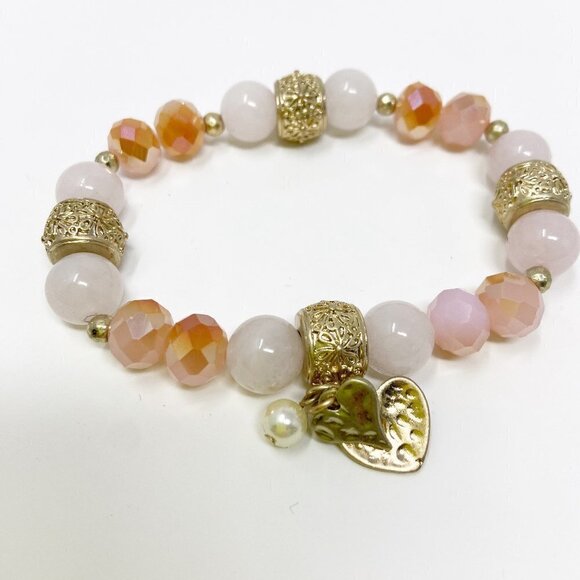 Pink Beaded Stretch Bracelet w/Love Hearts and Pearl Charms - Picture 3 of 4